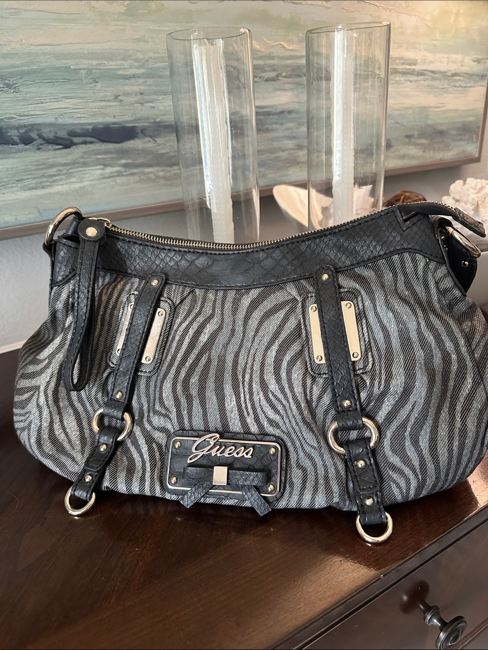Guess Black & Gray Zebra-Print Shoulder Bag Y2K